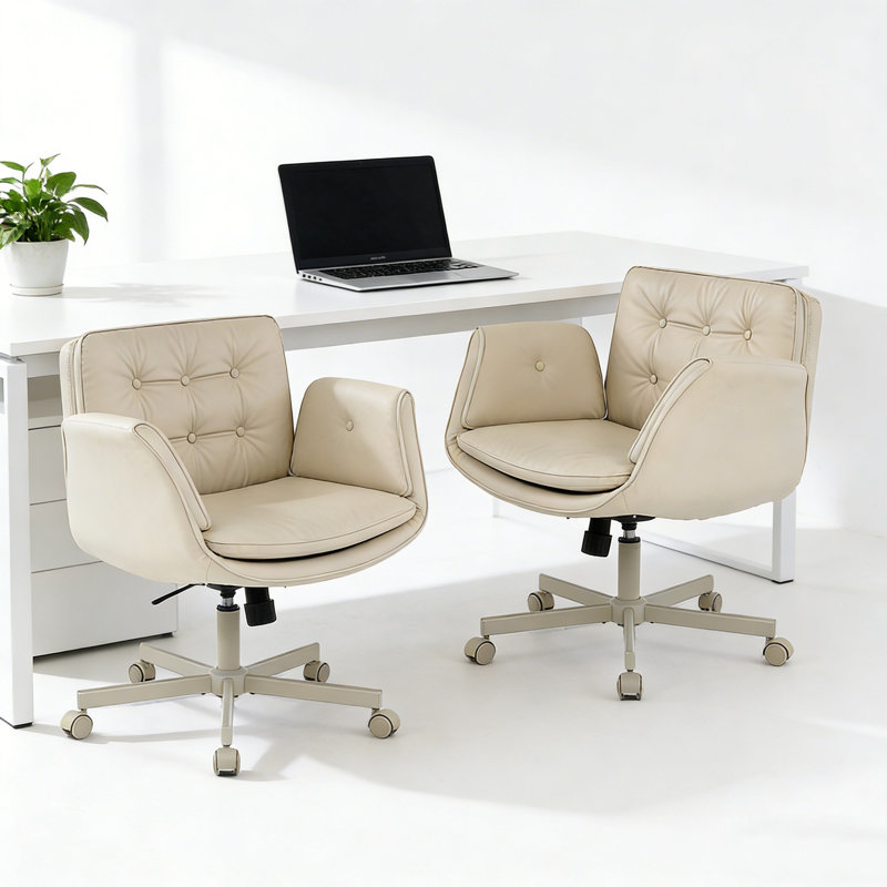 32.7" Wide Modern Premium PU Leather Office Chair With 5-Way Adjustable Arms & Pet-Friendly Wide Seat（Set Of 2）, Beige/Silver