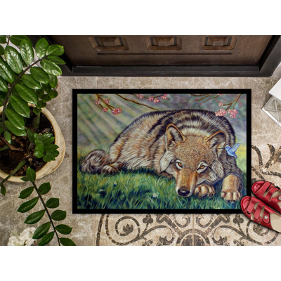 Tapis de porte d’extérieur anti-dérapant loup et hummingbird