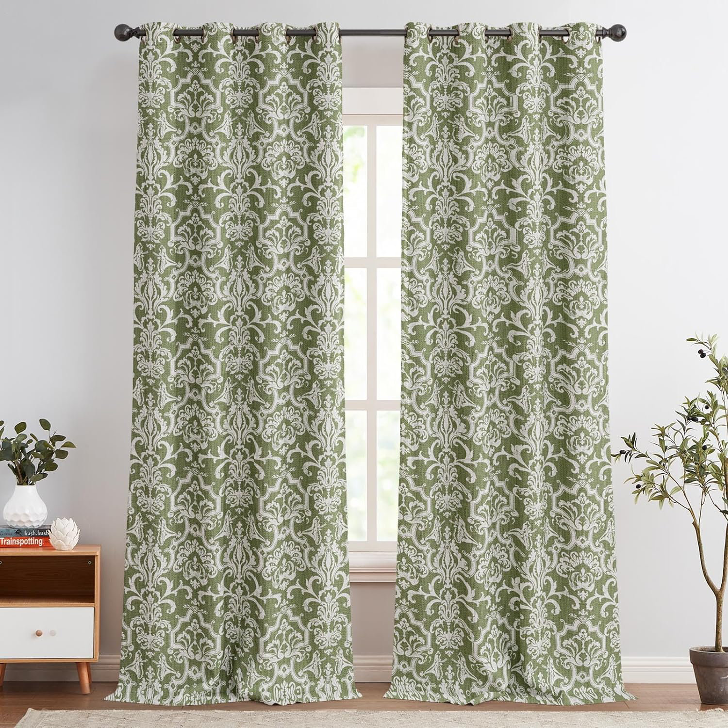 Alcott Hill® Room Darkening Curtains for Bedroom Green Damask Patterned