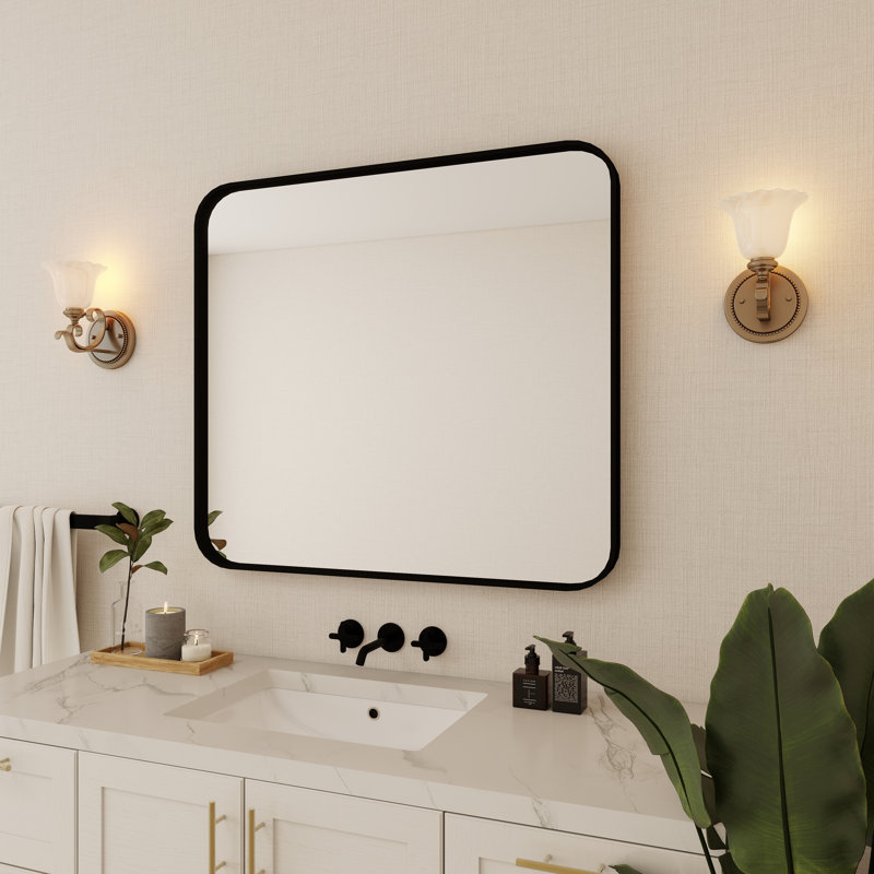 Élégant miroir encadré en aluminium avec coin arrondi pour une décoration intérieure élégante, Noir mat, Rectangulaire