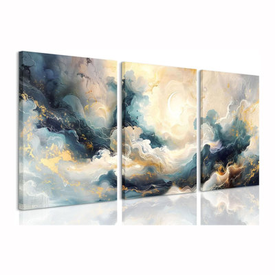 Encadré bleu abstrait fantaisie sur toile, art mural, affiche à l'encre de minimalisme, ensemble de 3 œuvres d'art moderne bleu marine, or et marbre, impression murale pour salon, chambre, bureau, hôtel, 16 po x 24 po