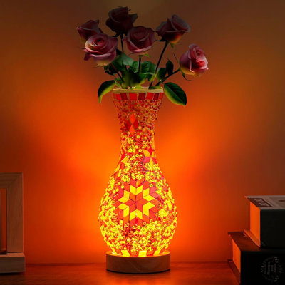 Mosaic Vase Lamp, Turkish Moroccan Table Lamp, Handmade Glass Vase with Wood Base for Flowers, USB Power for Living Room or Bedroom Decoration