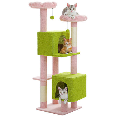 Cat Tree, 52.4"" Cat Tree Tower For Indoor Cats, Cute Cat Tree With 2 Flower Padded Perches, 2 Condos & 2 Scratching Posts -  Dakota Fields, 30D02AF629634DF9AA7C2A224A4C803B