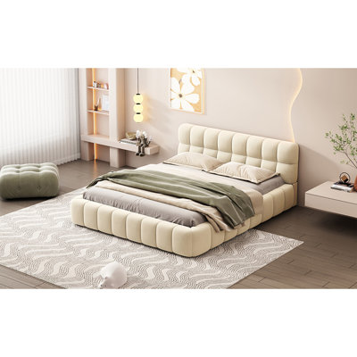 Grand lit plateforme tapissier avec tissu épais, lit au sol avec structure solide, beige
