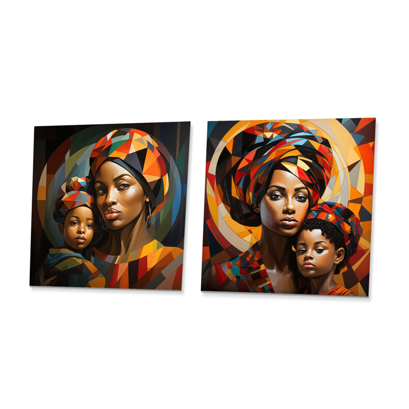 Orange orange, mère et enfant «Bond I» - ensemble d'art mural africain, H 36 po x l 72 po