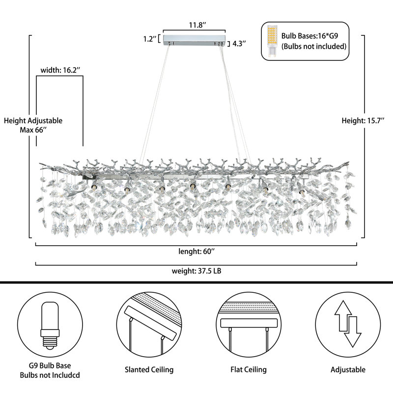 Modern K9 Raindrop Crystal Rectangular Tree Branches Chandeliers, Silver, 16" H x 16" W x 60" D, 16