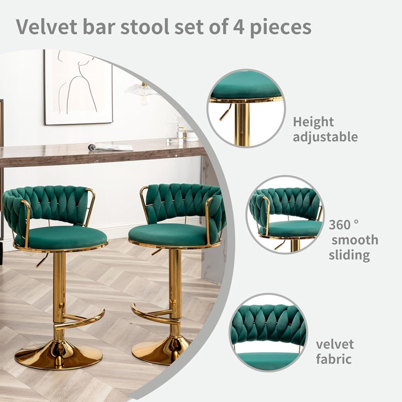 Swivel Bar Stools Set Of 4, Counter Height Bar Stools With Low Back, Velvet Adjustable Height Barstools, Gold Bar Stools For Kitchen Island, Pub