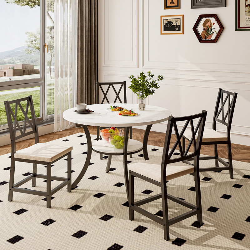 5 Pieces 35.4’’ Transitional Style Round Dining Table Set, Extendable Folding Kitchen Dining Table Set For 4 With 4 Velvet Upholstered Dining Chairs