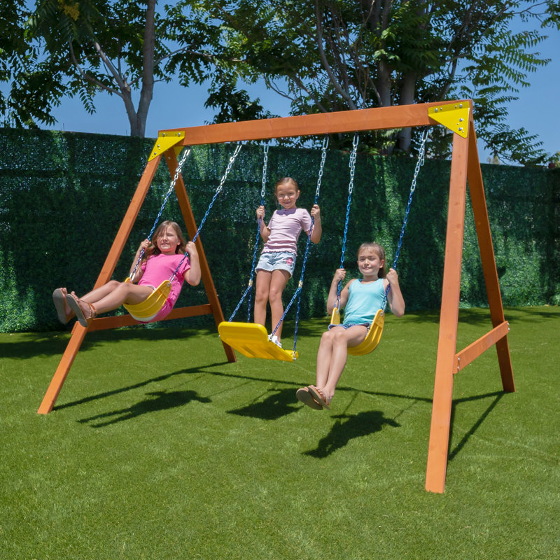 Brighton Outdoor Wood Swing Set with 3 Yellow Swings
