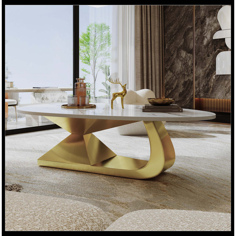 Table basse moderne en pierre frittée avec base en acier inoxydable, Doré