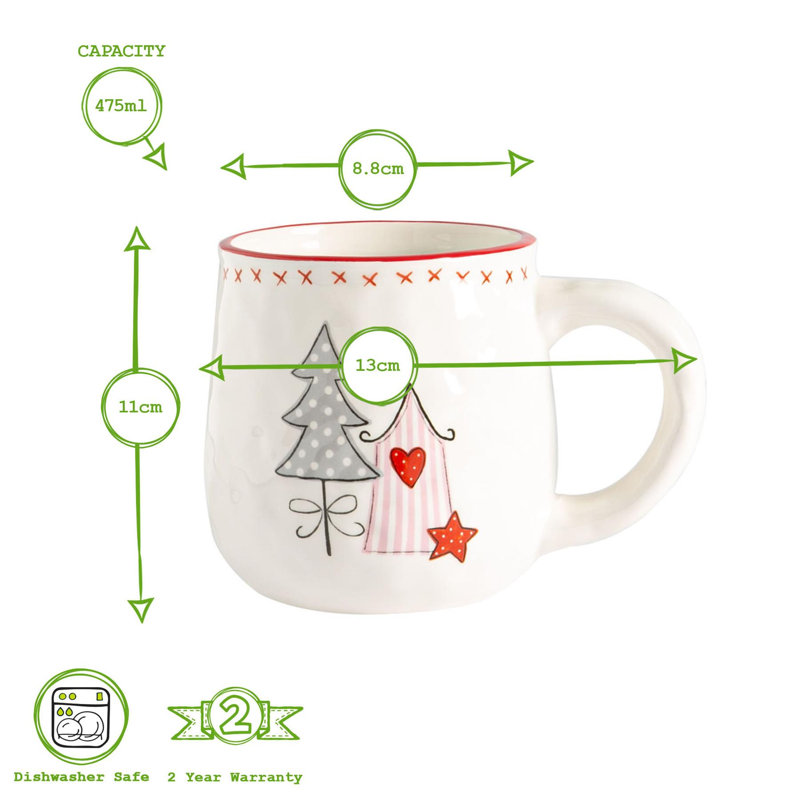 Nicola Spring - Patchwork Christmas Coffee Mugs - 475ml - White, 8