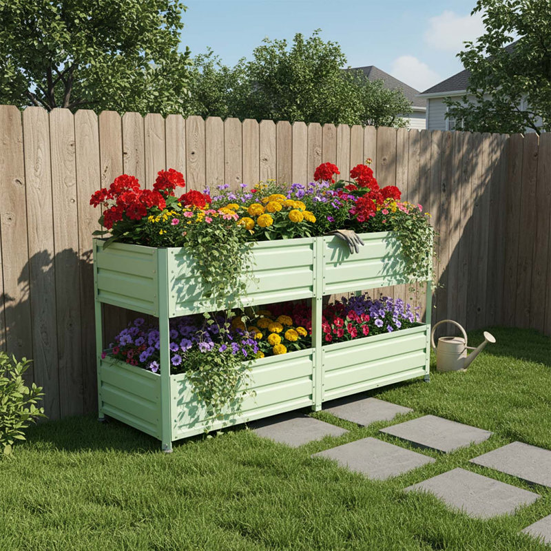 Lit de jardin surélevé en métal à deux niveaux et surélevé avec roues verrouillables, jardinière verte à 2 couches pour légumes, herbes et fleurs