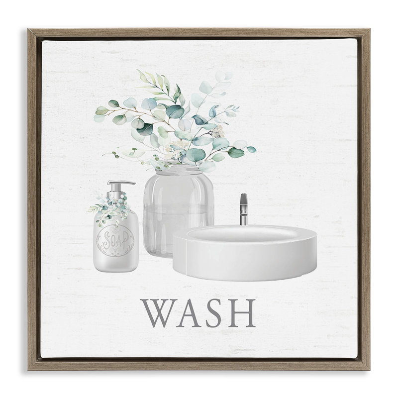 "Fresh Bathroom Sink Botanicals", art mural encadré sur toile flottante, H 18 po x l 18 po, Cadre flottant orme Montalcino