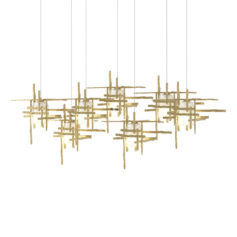 Tura 7-Light Glass Rectangular Pendant, 30" - 80", Seeded Clear, Modern Brass