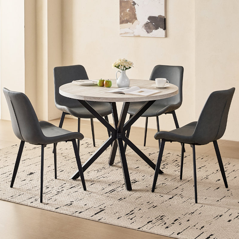5-Piece Modern Round Dining Set, 39" Grey Stone Pattern Table with 4 Grey Faux Leather Chairs, Grey Stone Pattern, Grey