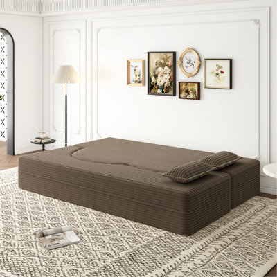 15" Full Size Folding Mattress for Living Room, Modern Floor Sofa featuring 2 Pillows, Convertible Plush Corduroy Foam-Filled Sleeper Sofa Bed,Guest Bed, no assembly required, Coffee