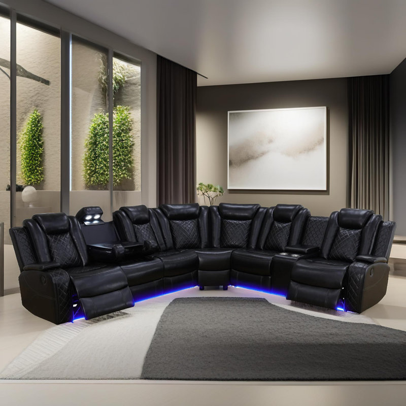 Obsidian Black Breathing Leather U Shaped Corner Sectional Living Room Recliner Sofa,With LED Light,Wireless Charging Station, Storage Armrest
