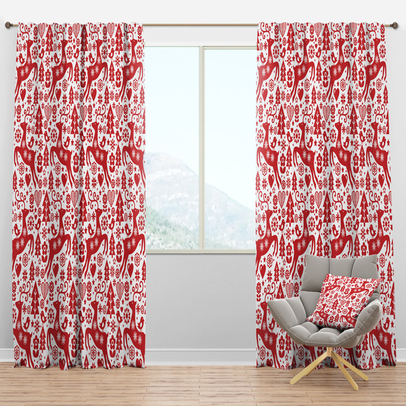 Scandinavian Raindeed with Little Birds And Christmas Tree - Traditional Velvet Curtain - 1 panel, 52"W x 95"L