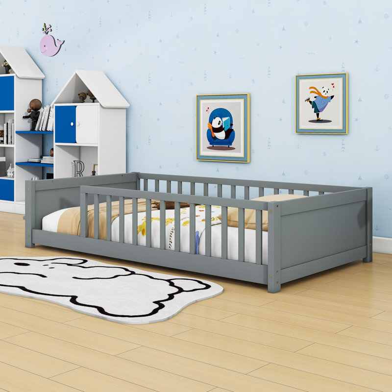 Twin Wood Floor Bed With Slats, Gray