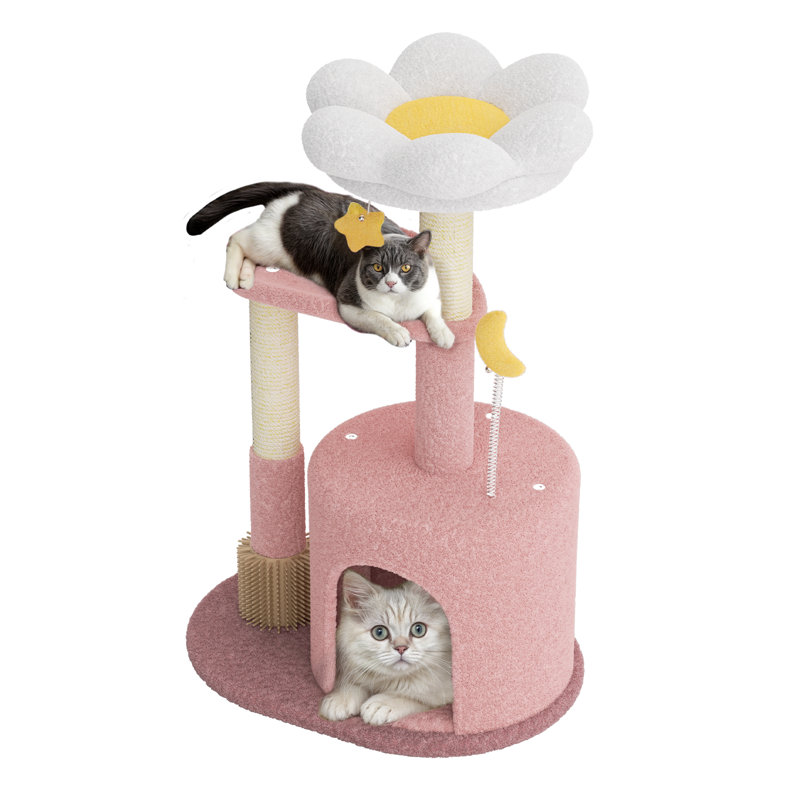 Arbre à chat H 33 po avec lit plateforme, perchoir supérieur, grotte pour chat, poteau à griffer pour chatons, Mauve