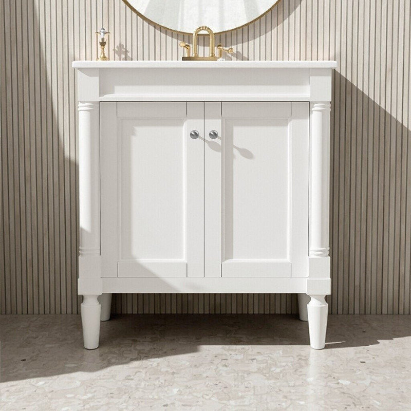 Meuble-lavabo de 30 pouces avec lavabo en céramique et portes à fermeture douce, Blanc