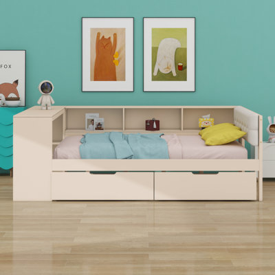 Platform Bed With Storage Shelves, Drawers, Charging Station And Upholstered Headboard