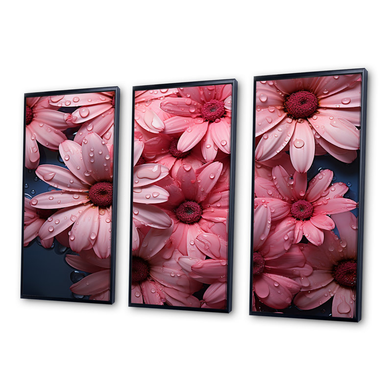 «Pink Daisy Bloom Harmony II - Daisies», ensemble d'art sur toile, Cadre flottant noir, H 32 po x l 48 po x P 1 po