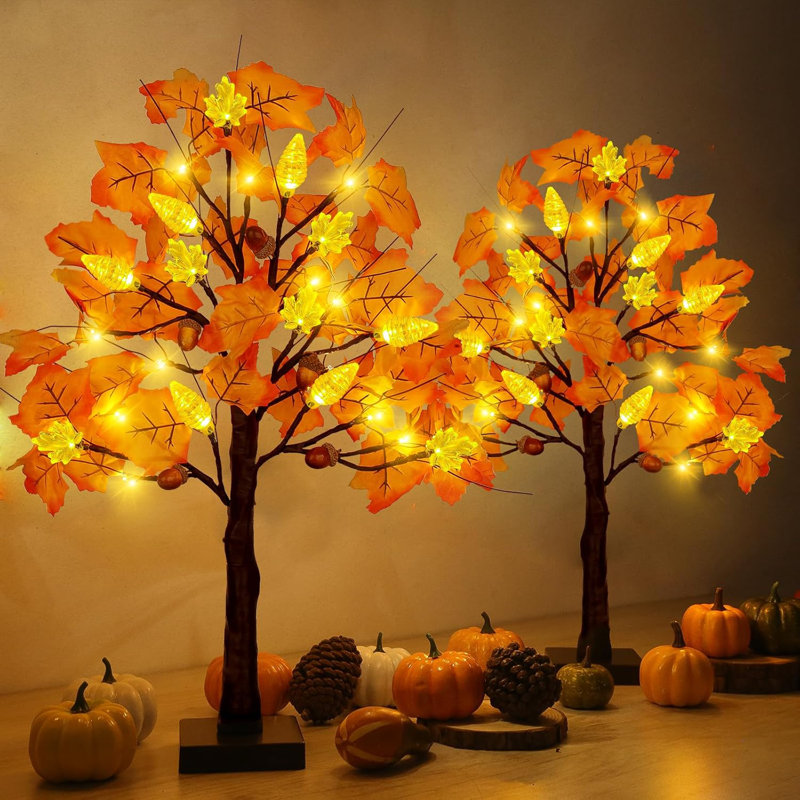 2 Pack 24 Inch Prelit Fall Maple Tree Thanksgiving Decorations With 48 LED Lights
