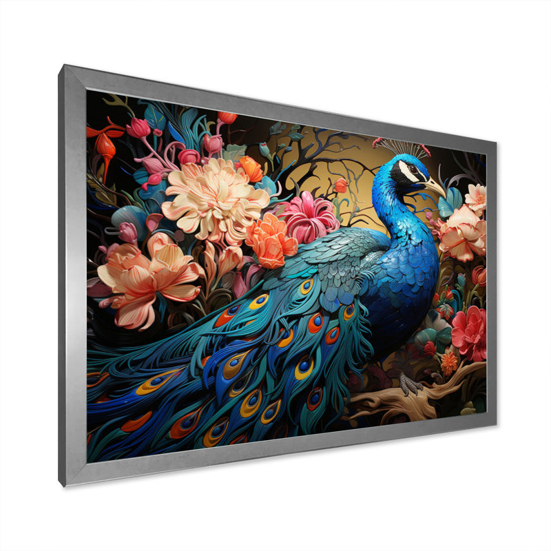 Teal Peacock Parade II - Animals Canvas Art Print, H 24 po x l 32 po x P 1 po, Cadre simple argenté