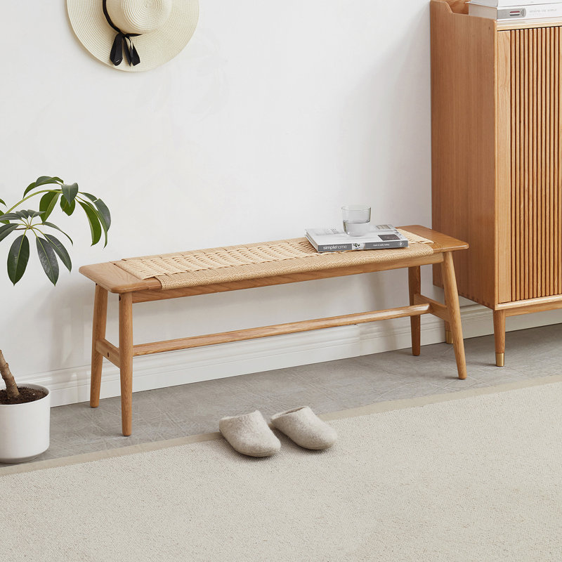Solid Oak Wood Bench With Woven Seat, Oak/Beige,  15.98" H x 31.5" W x 11.81" D