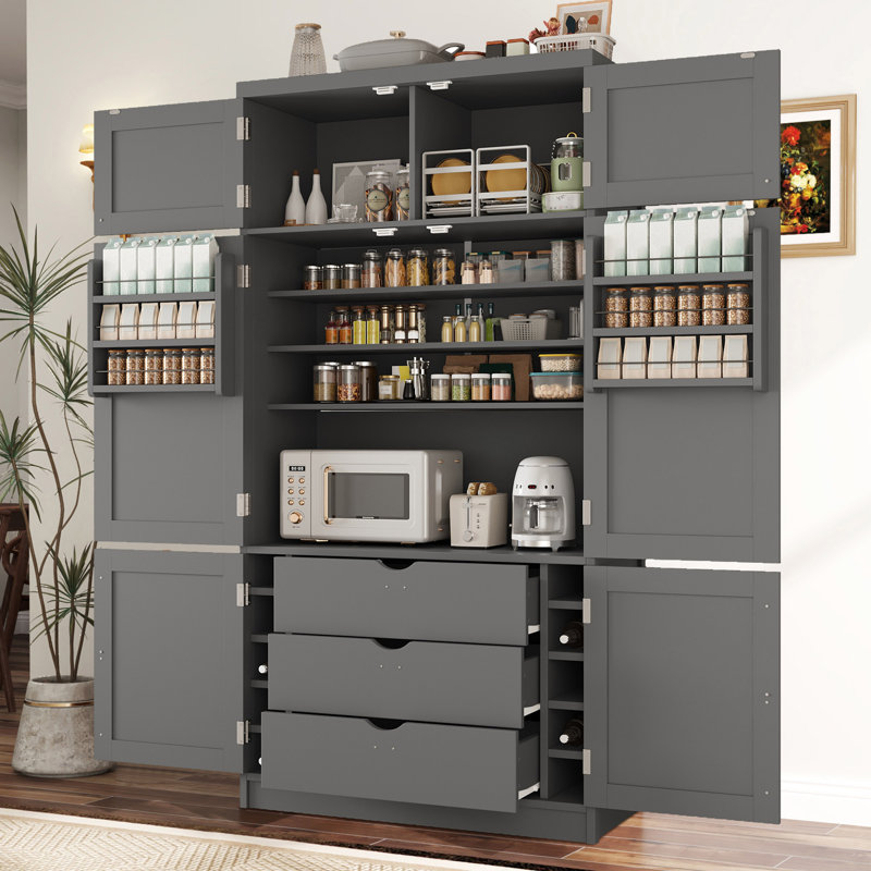 Armoire de cuisine autoportante, prises de courant intégrées, étagère réglable et support à vin, salle à manger et salon de style contemporain