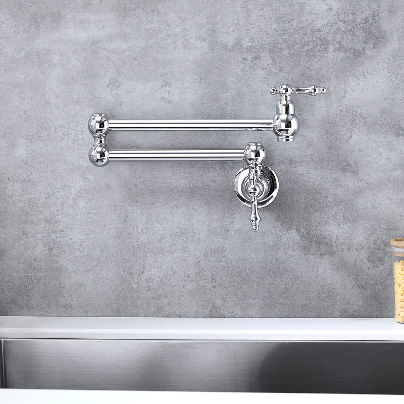 Robinet d'évier de cuisine mural avec robinet pivotant et bras articulés doubles, Nickel brossé