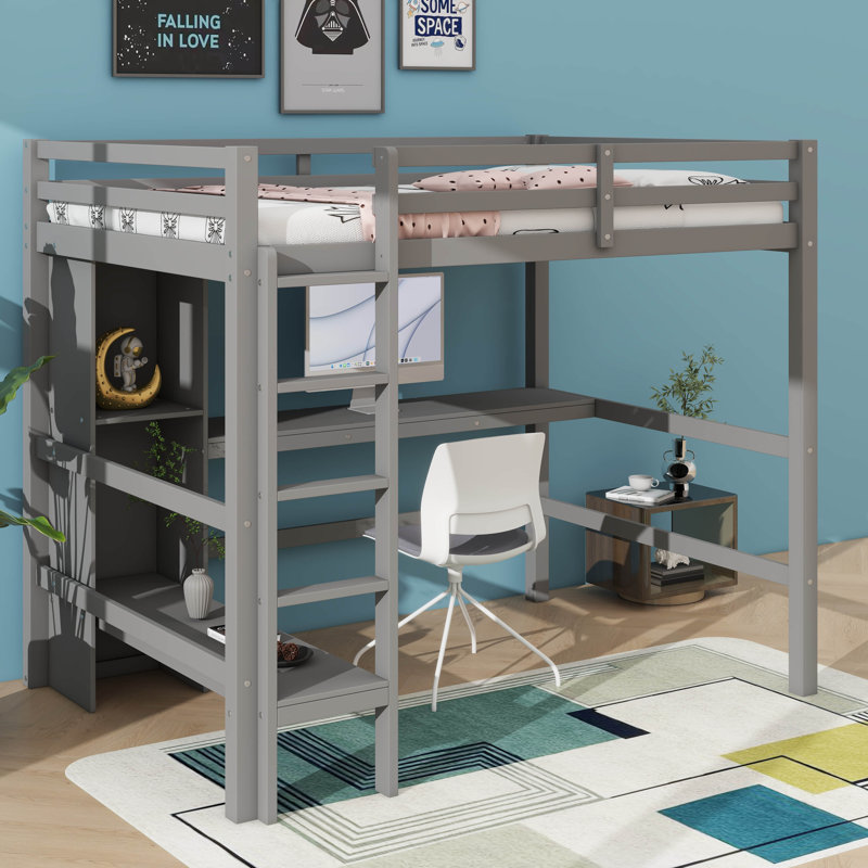 Lit double surélevé en bois pleine grandeur avec espace de travail et tablettes polyvalentes, Gris
