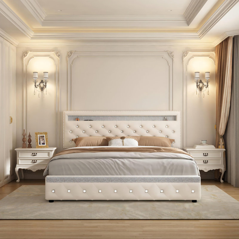 Kendrall Upholstered LED Bed Frame with Storage Drawers & Adjustable Headboard, Queen, Cream