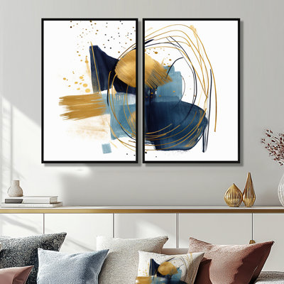 Motif de toile moderne bleu foncé et doré à motif 16 bandes sur 2 panneaux