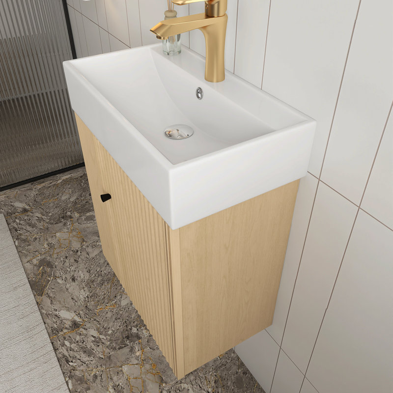 21.6" Floating Bathroom Vanity With Ceramic Basin And Left Side Storage In Wood