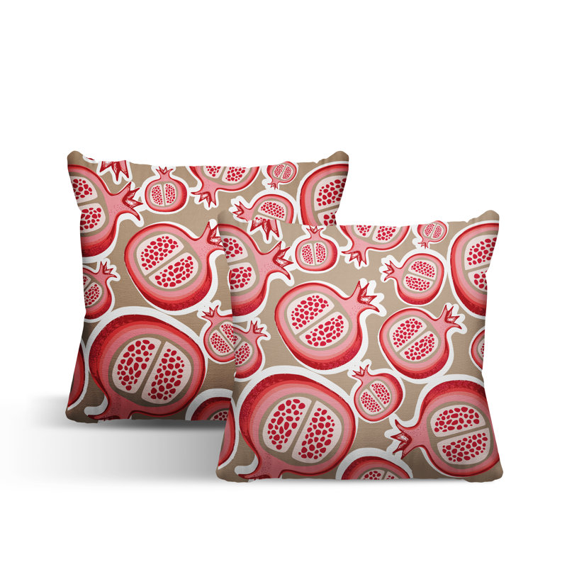 Oreiller carré intérieur / extérieur Pomme Pomegranate, Beige/rouge, L 17 po x H 17 po