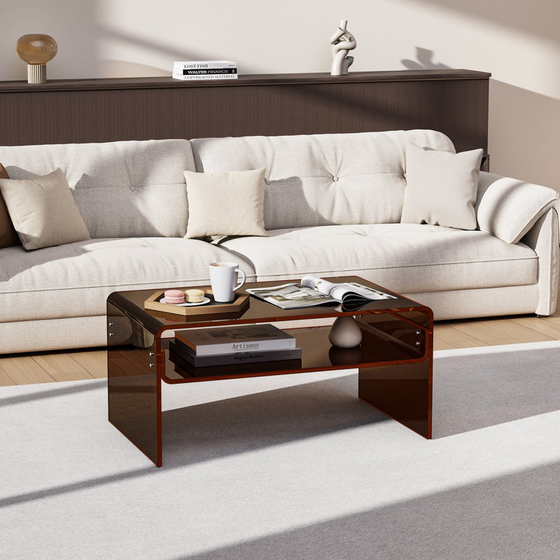 Freysteinn Acrylic Coffee Table,  2 Tiers Clear End Table with Storage Shelf, Dark Brown