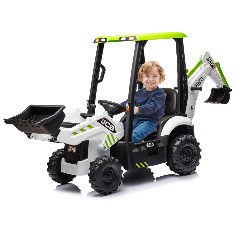 4 en 1 JCB Licensed 12V Kids Ride On Electric Car - Excavator, Bulldozer & Tractor - Télécommande, Siège réglable, Chargeur frontal, Fonction Digger, Avertisseur sonore, Pneus EVA durables - Blanc et vert