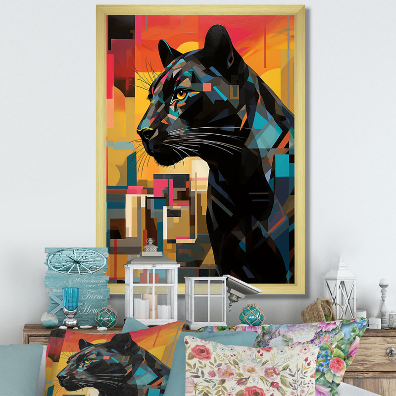 Popart sur fond noir et orange, H 32 po x l 16 po x P 1 po, Encadrement doré