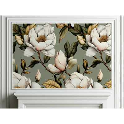 Elegant Magnolia Flower Wallpaper in Soft Sage Green Detailed Floral Peel and Stick Wall Mural