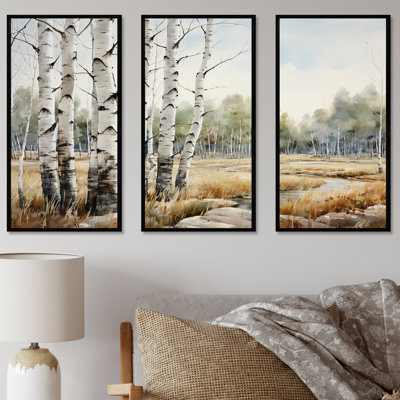 Ensemble d'art mural en toile beige et gris avec bouleau