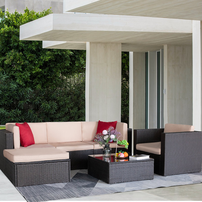 Ollison 6 Piece Rattan Sectional Seating Group with Cushions, Beige/Red