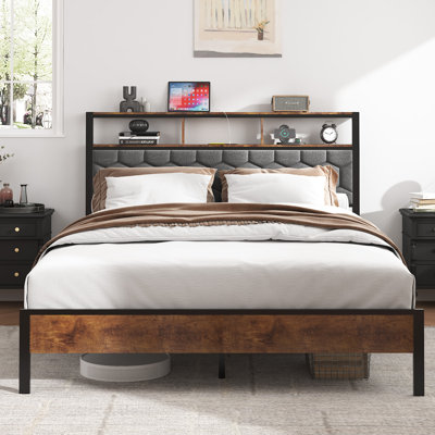 Uriah Wood Platform Bed with Upholstered Headboard & USB Charging by 17 Stories