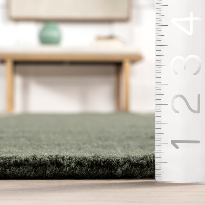 Handmade Green and Beige Wool Striped Rectangular Rug
