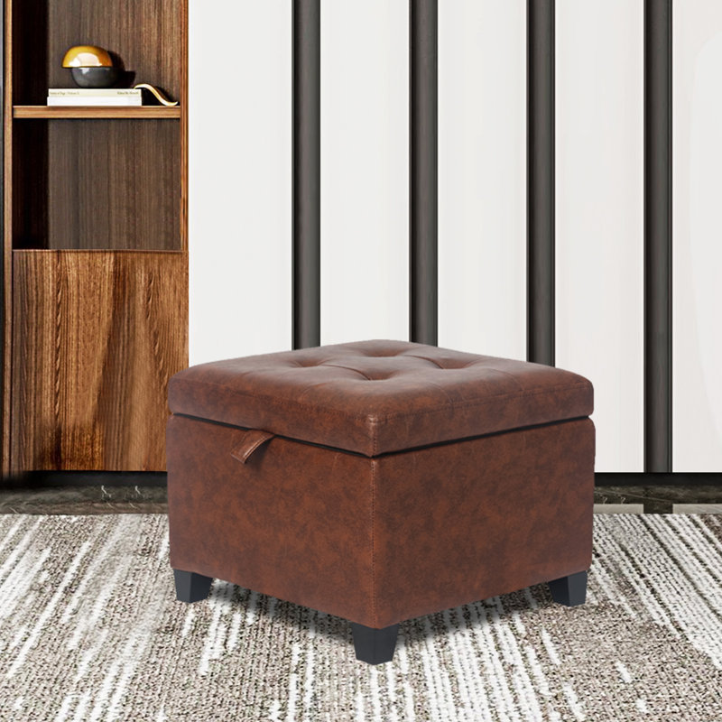 Faux Leather Storage Ottoman for Living Room, Rufous