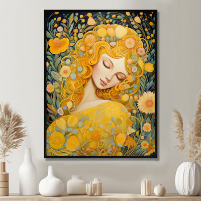 Belle au bois dormant, fleurs rétro jaunes - art floral mural femme