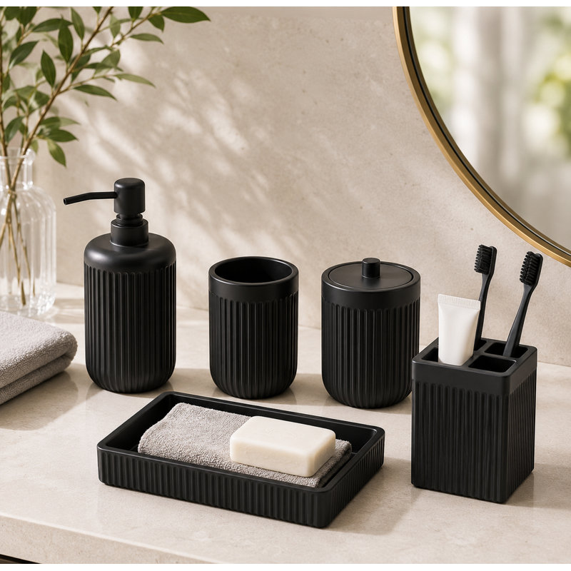 Resin Matte Black Bathroom Accessories Set 5 Pcs