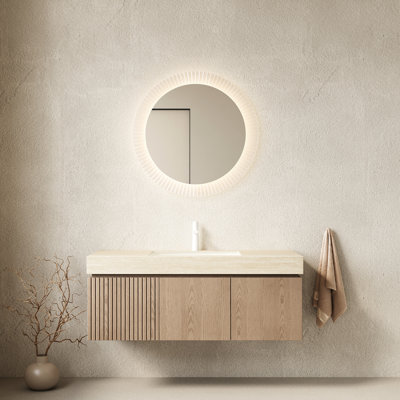 Meuble-lavabo flottant avec pierre frittée, lavabo en céramique, tiroir et rangement de porte - armoire facile à entretenir