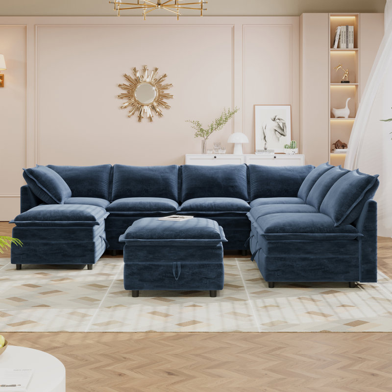 Ray Upholstered Sectional Sofa With 2 Ottomans & Hidden Storage, Blue Polyester